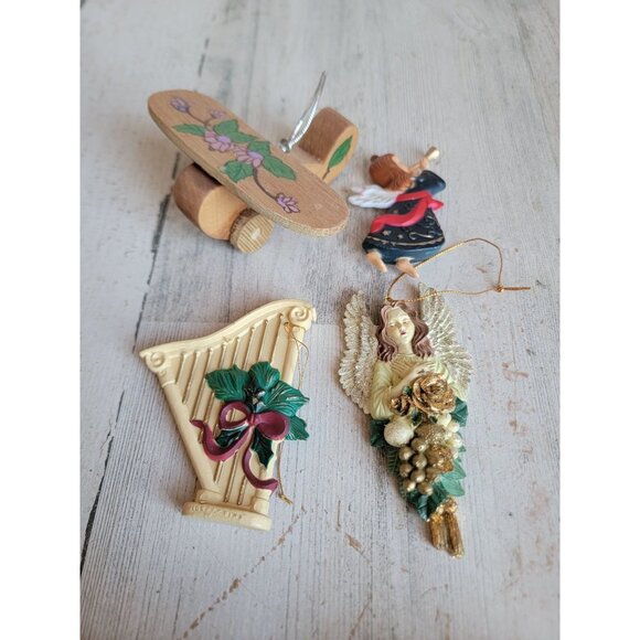 Vintage angelic harp angel rose airplane ornament Xmas set - Picture 1 of 9